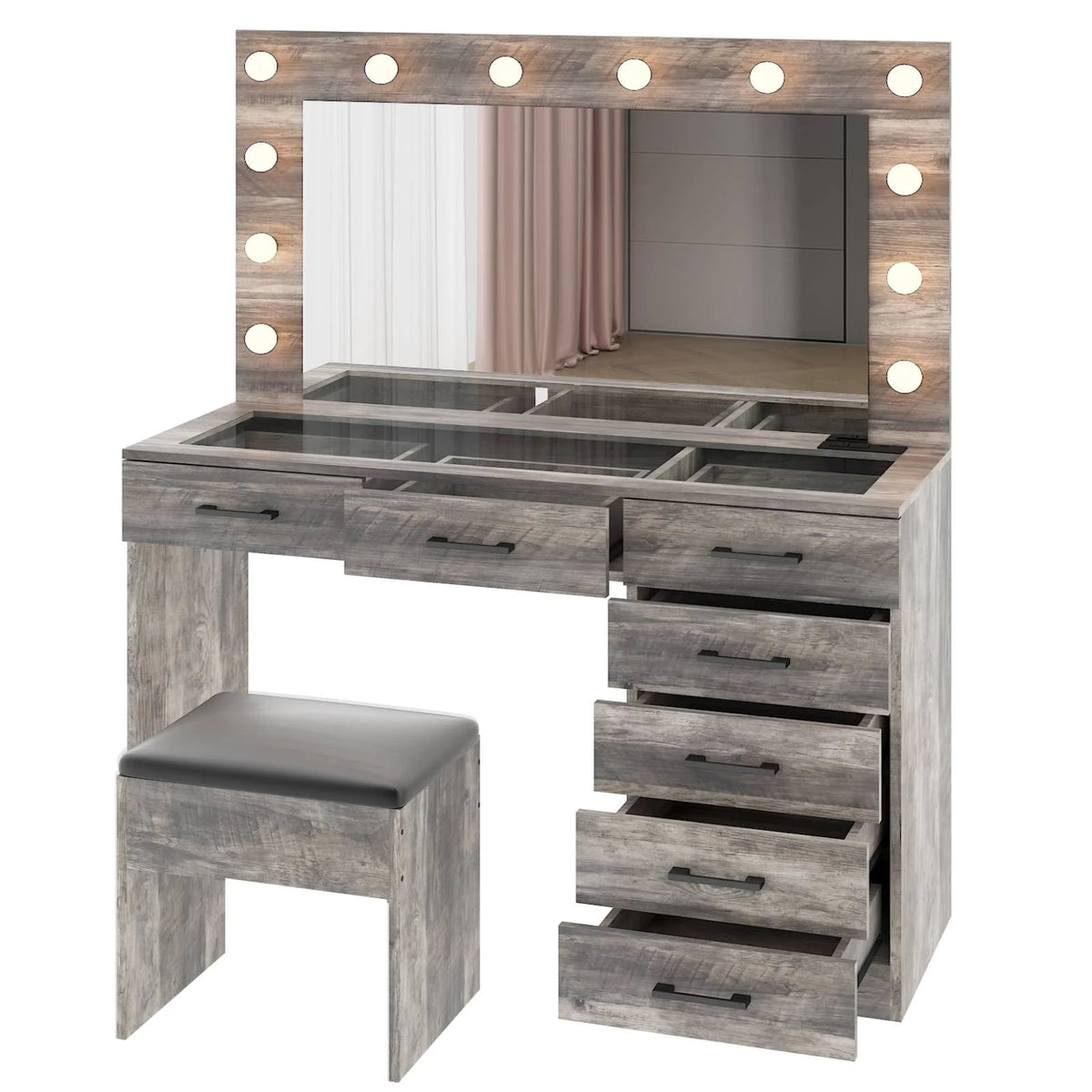 Ktaxon Large Makeup Vanity, Vanity Table Set w/ Visible Glass Top w/ Charging Station, White
