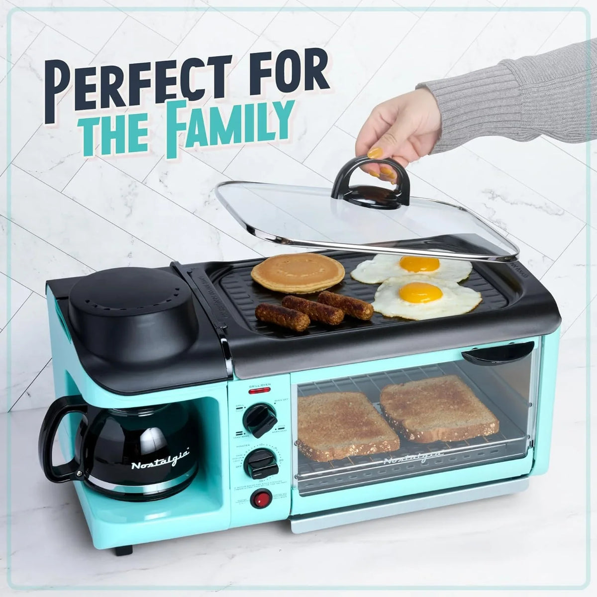 3-in-1 Breakfast Station - Includes Coffee Maker, Non-Stick Griddle, and 4-Slice Toaster Oven - Versatile Breakfast Maker with Timer - Aqua