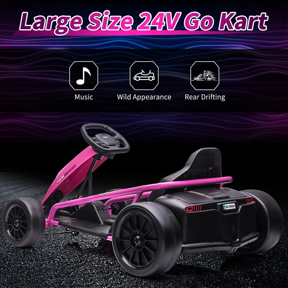 Simzone Go Kart for Kids 24V Battery 300WX2 Motors Pedal On Foot Go Cart 8MPH High Speed Drifting Car with Slow Start Function Music Elastic Durable Tires, Blue