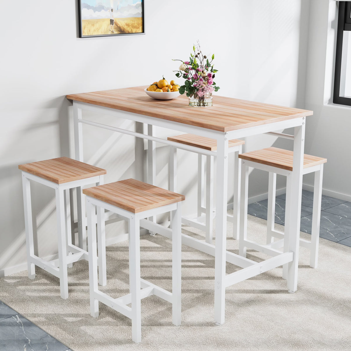 Counter Height Table Set of 5, Breakfast Bar Table and Stool Set, Minimalist Dining Table with Backless Stools, Wood Top Pub Table & Chair Set for Kitchen Apartment Bistro - Space Saving