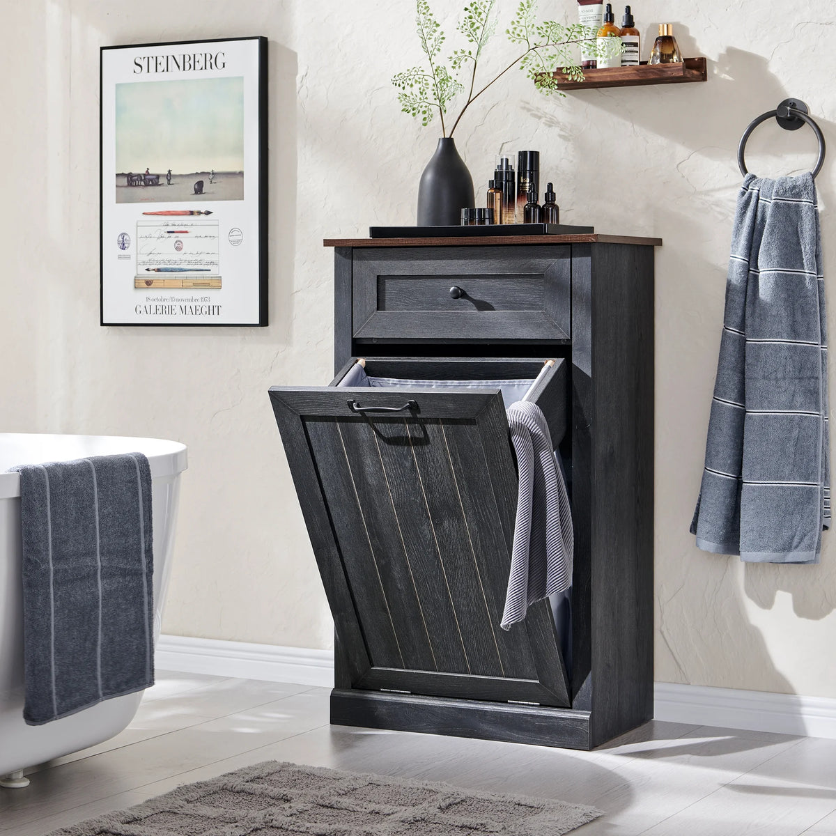 SinCiDo Kitchen Double Tilt Out Trash Can Cabinet, 20 Gallon Farmhouse Wooden Trash Garbage Can with Drawer