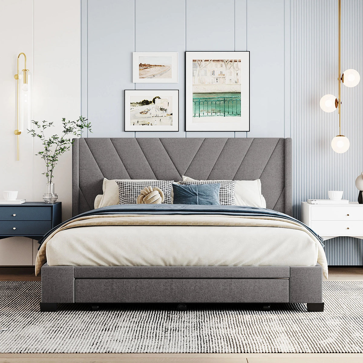 Sesslife Queen Bed Frame with Storage, New Upgraded Linen Upholstered Platform Bed with 3 Drawers, Queen Size Storage Bed with Headboard and Wooden Slats, No Box Spring Needed, Holds 500lbs, Beige
