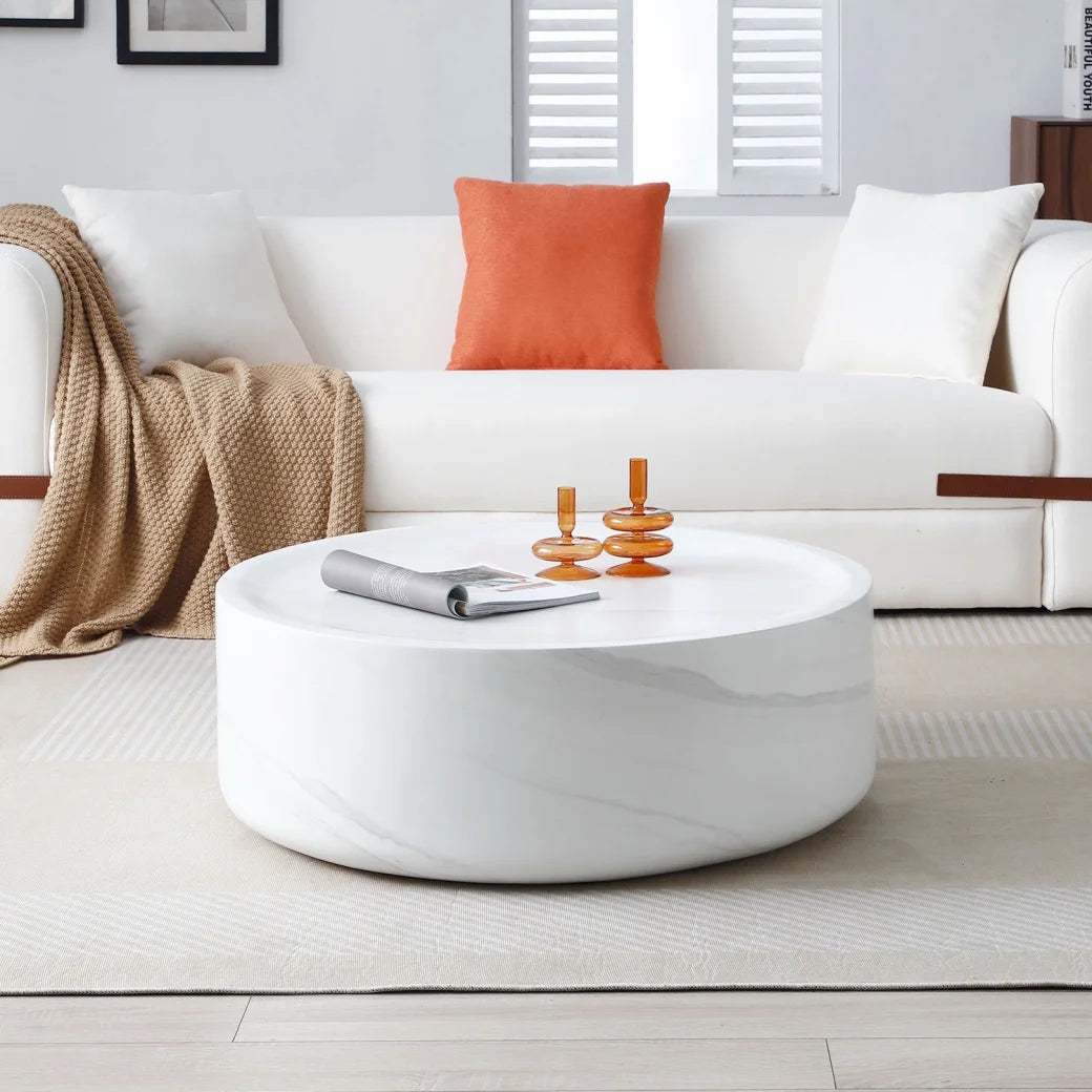 31.49'' Round Coffee Table with Marble Texture, Modern Low Drum Circle Fiberglass Coffee Table, Side Table Accent Table for Living Room, Outdoor, No Need Assembly, Marble