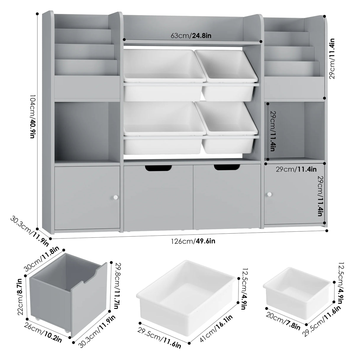 Hiphuta Kids Bookcase Toy Storage Organizer, Wooden Toy Organizer of 4 Bins& 2 Removable Drawers for Home Bedroom, Kids Bookshelf Toy Box with Book Rack, White