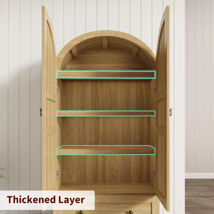 Luku 72" Tall Arched Kitchen Pantry Cabinet, Farmhouse Wood Storage Cabinet with Glass Door, 2 Large Drawers, Freestanding Organizer for Dining Room & Living Room
