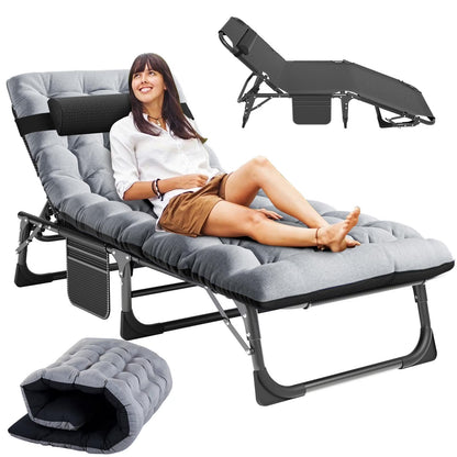 MOPHOTO Lounge Chair with Mattress, Outdoor Chaise Lounge Support 440 Lbs, Adjustable Portable Heavy Duty Sleeping Cots Bed for Camping, Pool, Beach, Patio