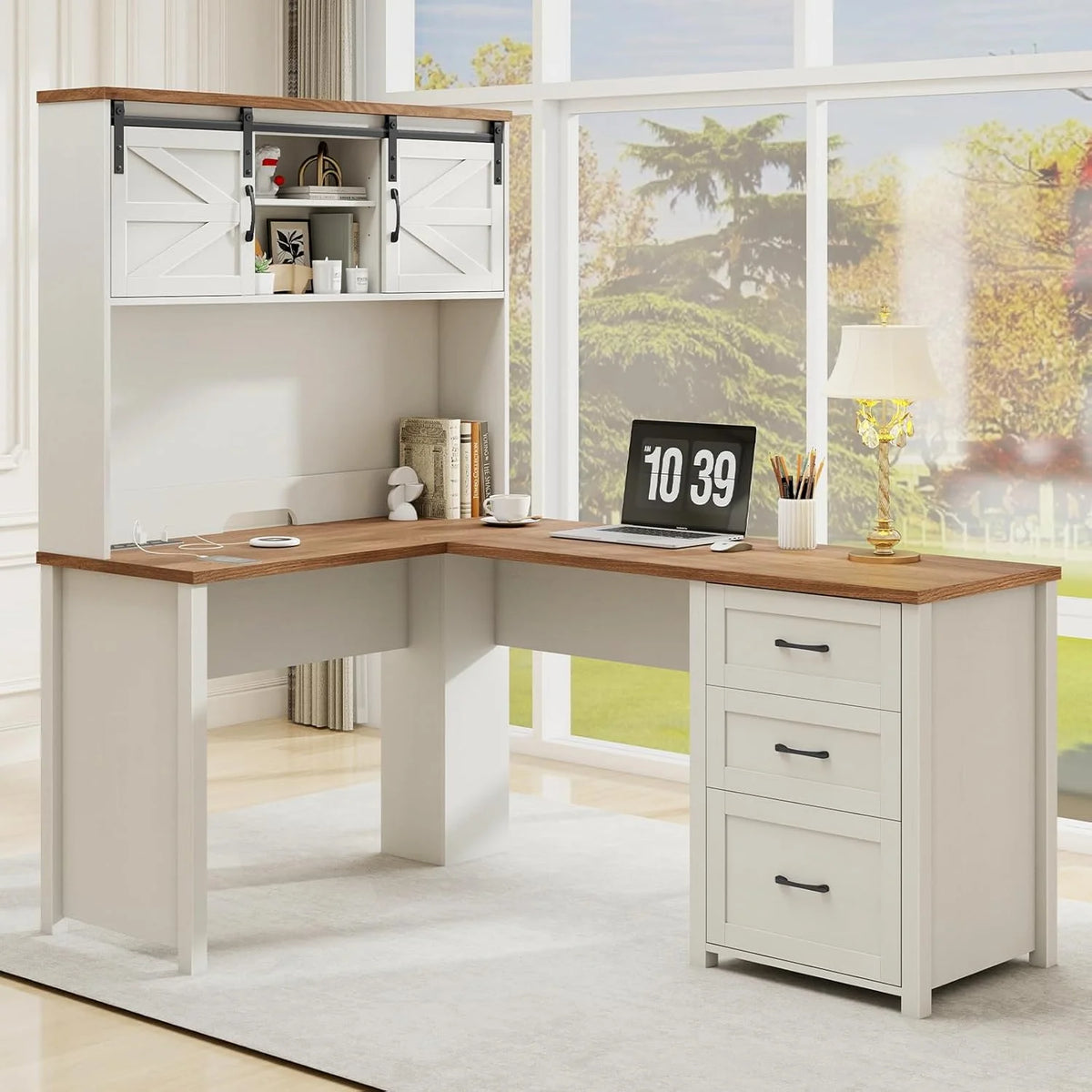 Vabches 68" H L Shaped Desk and Hutch with Storage, Office Desk with Drawers, Charging Station, Sliding Doors, Unique White