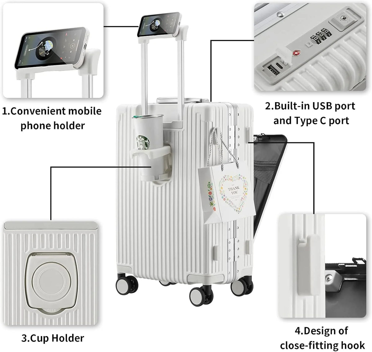 Carry-On Luggage with USB Charging Port, Front Compartment, TSA Lock, Airline Approved Carry On Hardside Suitcase with Spinner Wheels (Grey, 20inch)