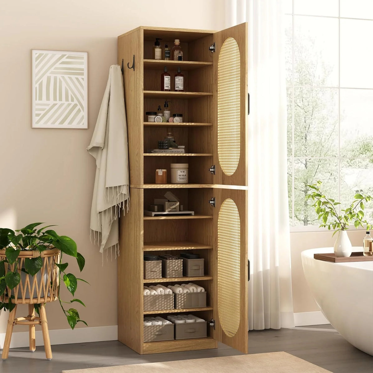 66-Inch Bathroom Storage Cabinet with Rattan Doors,  Bath Room Organizer Floor Cabinets Brown