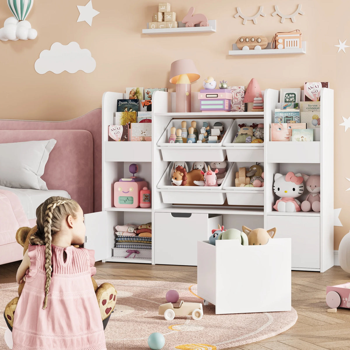 Hiphuta Kids Bookcase Toy Storage Organizer, Wooden Toy Organizer of 4 Bins& 2 Removable Drawers for Home Bedroom, Kids Bookshelf Toy Box with Book Rack, White