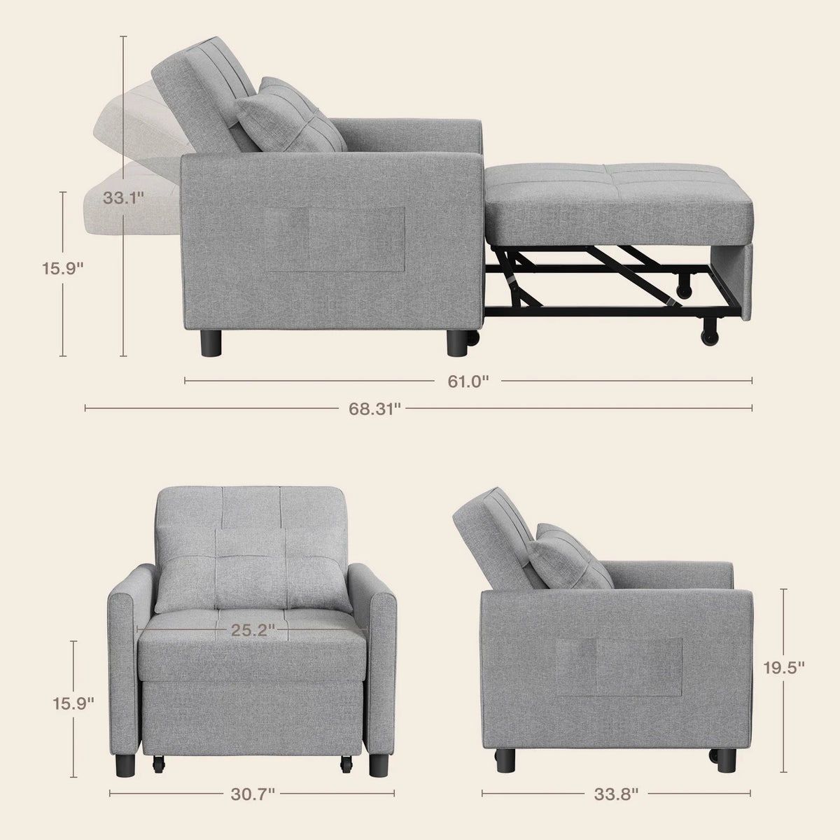 Sofa Bed, Lofka 3-in-1 Convertible Sleeper Sofa with Storage, Adjustable Backrest & Pull Out Function - Sleeper Chair for Small Space, Apartment, Dark Grey