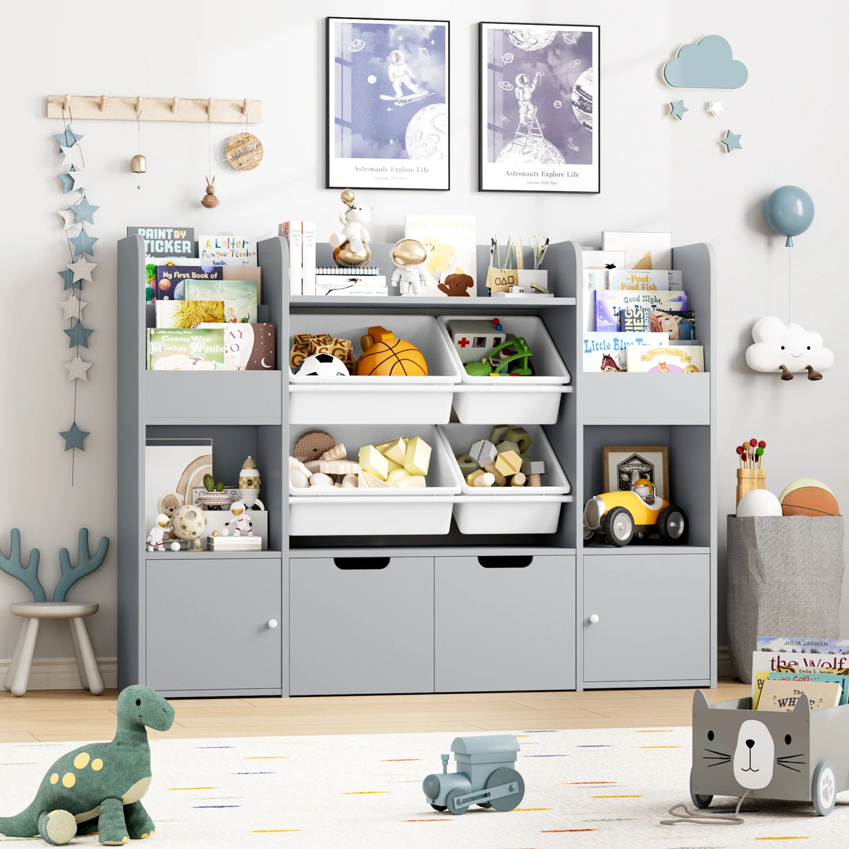 Hiphuta Kids Bookcase Toy Storage Organizer, Wooden Toy Organizer of 4 Bins& 2 Removable Drawers for Home Bedroom, Kids Bookshelf Toy Box with Book Rack, White