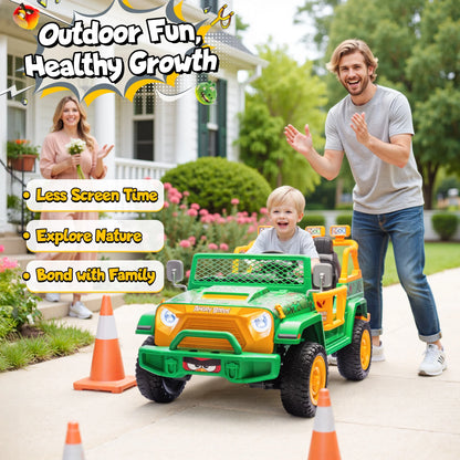 Joyracer 24 Volt Ride on Toys for Big Kids, Licensed Angry Birds Ride on Truck with Remote, 2 Seater 4WD Electric Ride ons with Shovel, Bluetooth, Lights, Power Car Wheels for 3-8, 130lbs, Green