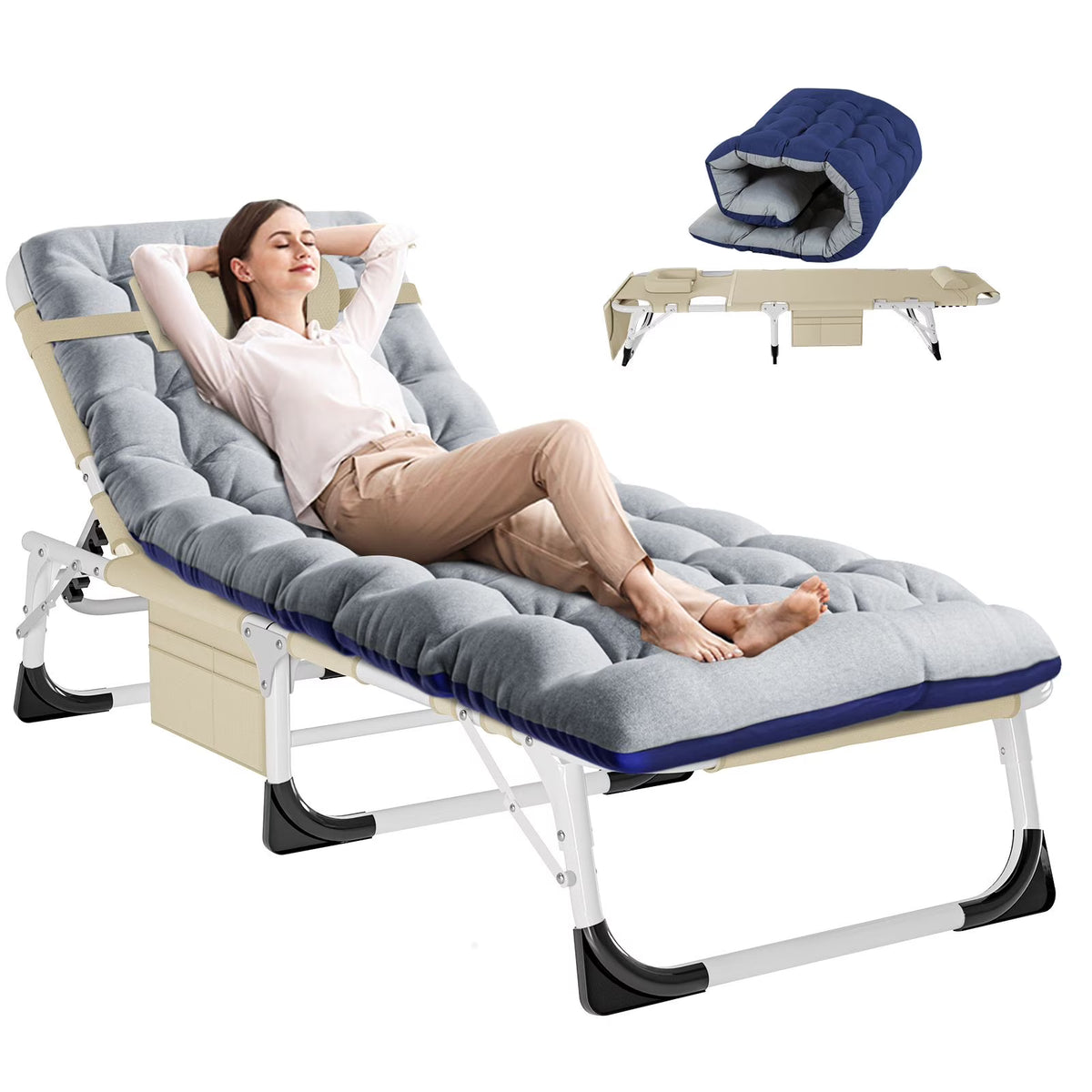 MOPHOTO Lounge Chair with Mattress, Outdoor Chaise Lounge Support 440 Lbs, Adjustable Portable Heavy Duty Sleeping Cots Bed for Camping, Pool, Beach, Patio