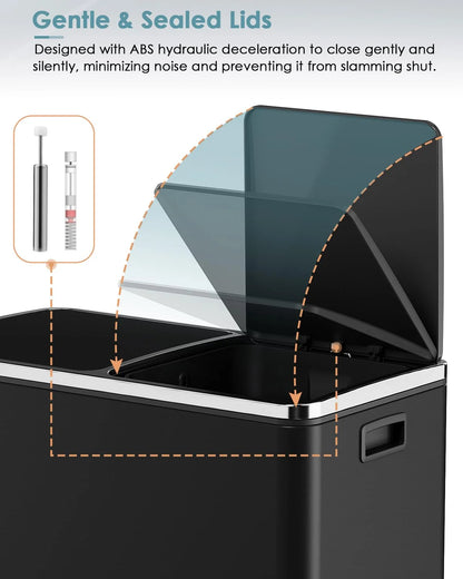 LAZY BUDDY Dual Garbage Can, Stainless Steel 16 Gallon Step Kitchen Trash Can with Soft-Close Lid, Double Compartment Garbage Recycling Bin