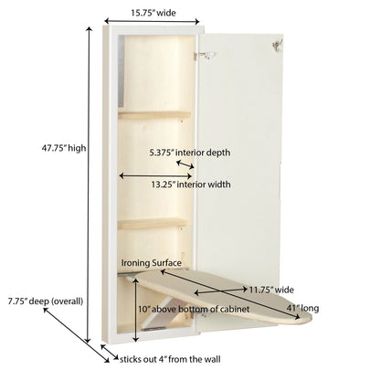 Household Essentials Ironing Board Cabinet, In-Wall Recessed Ironing Board Cabinet with Storage Shelves, White