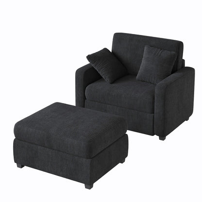 LUMIHO Chaise Lounge Chair Indoor, 42" Sleeper Chair with Two Throw Pillows and Armrests, Corduroy Chaise Couch Chair with Ottoman for Living Room, Bedroom, Apartment, Green