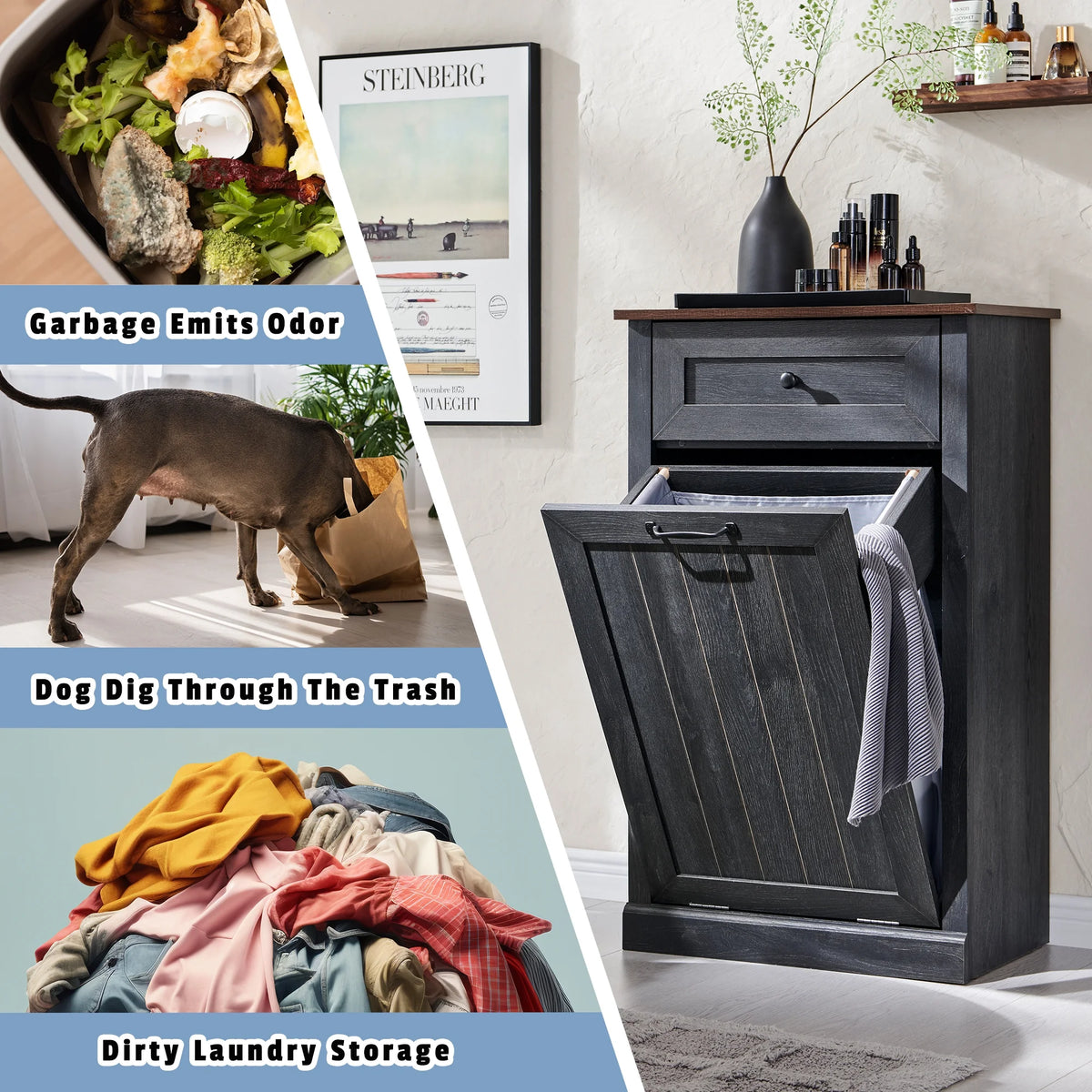 SinCiDo Kitchen Double Tilt Out Trash Can Cabinet, 20 Gallon Farmhouse Wooden Trash Garbage Can with Drawer