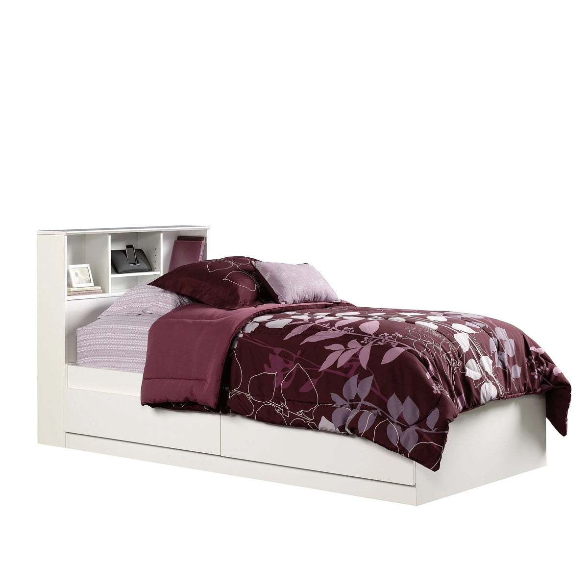 Your Zone Easy to Assemble Storage Bed with Bookcase Headboard, Twin, Natural Teak Finish