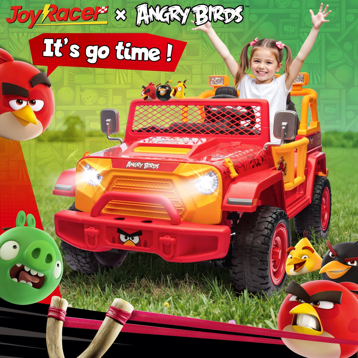 Joyracer 24 Volt Ride on Toys for Big Kids, Licensed Angry Birds Ride on Truck with Remote, 2 Seater 4WD Electric Ride ons with Shovel, Bluetooth, Lights, Power Car Wheels for 3-8, 130lbs, Green