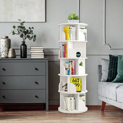 Bimiti 5 Tier Rotating Bookshelf, 360?�� Revolving Bookcase 20 Shelves Floor-Standing Storage Display Rack - White 63"x18"x18", Adult