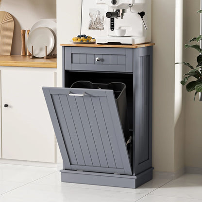 HARIPUL Single Tilt Out Trash Cabinet for 13 Gallon Waste Bin, Free Standing Kitchen Trash Can Cabinet with Drawers, White
