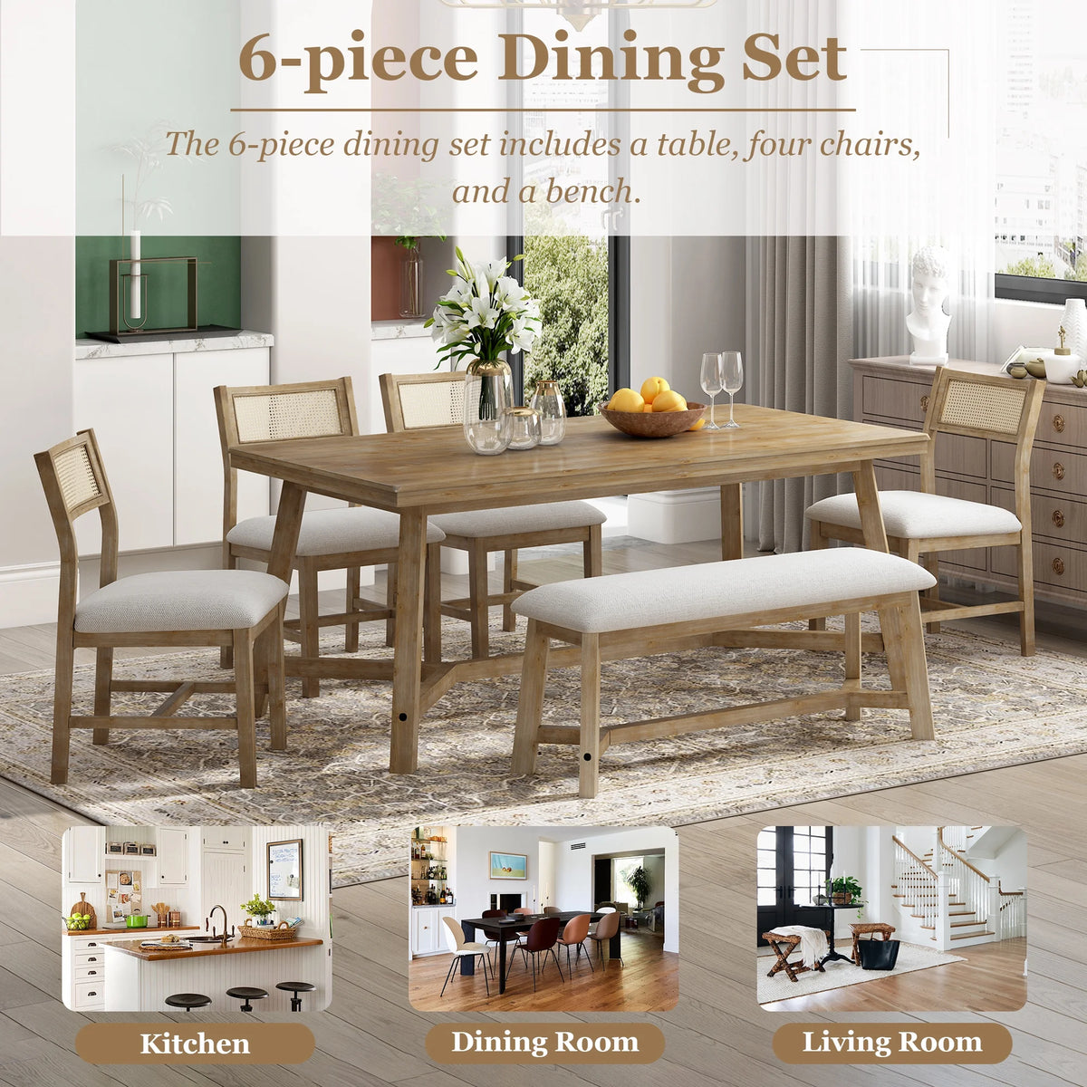 Prehome 6-piece Retro Farmhouse Dining Set, Wood Rectangular Table and 4 Upholstered Rattan Chairs, Bench, Dining Table Set for 5-7, Dining Table Set for Kitchen Dining Room Dorm Apartment, Wood Wash