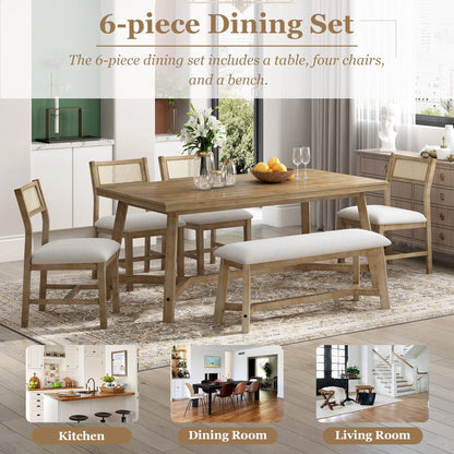 Prehome 6-piece Retro Farmhouse Dining Set, Wood Rectangular Table and 4 Upholstered Rattan Chairs, Bench, Dining Table Set for 5-7, Dining Table Set for Kitchen Dining Room Dorm Apartment, Wood Wash