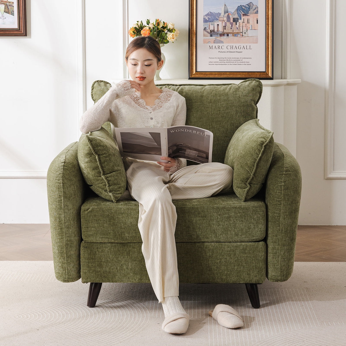 Rexulqo Oversized Accent Chair with All Seats Storage,Comfy Living Room Chairs with 2 Throw Pillow,Upholstered Mid-Century Armchair,24.5'' Deep Seat,Reading Chair For Bedroom ,Office,Chenille,Green