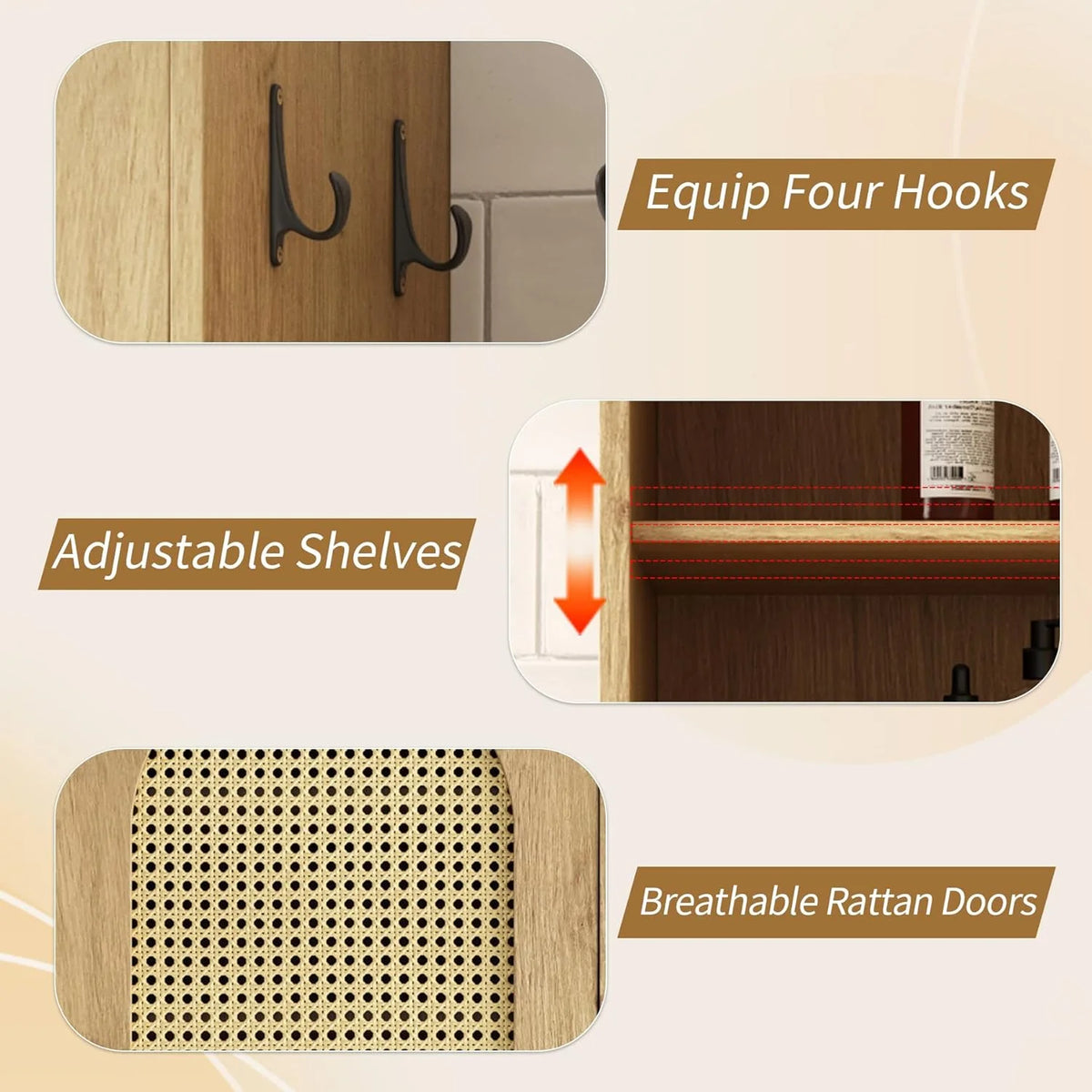 66-Inch Bathroom Storage Cabinet with Rattan Doors,  Bath Room Organizer Floor Cabinets Brown