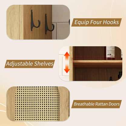 66-Inch Bathroom Storage Cabinet with Rattan Doors,  Bath Room Organizer Floor Cabinets Brown