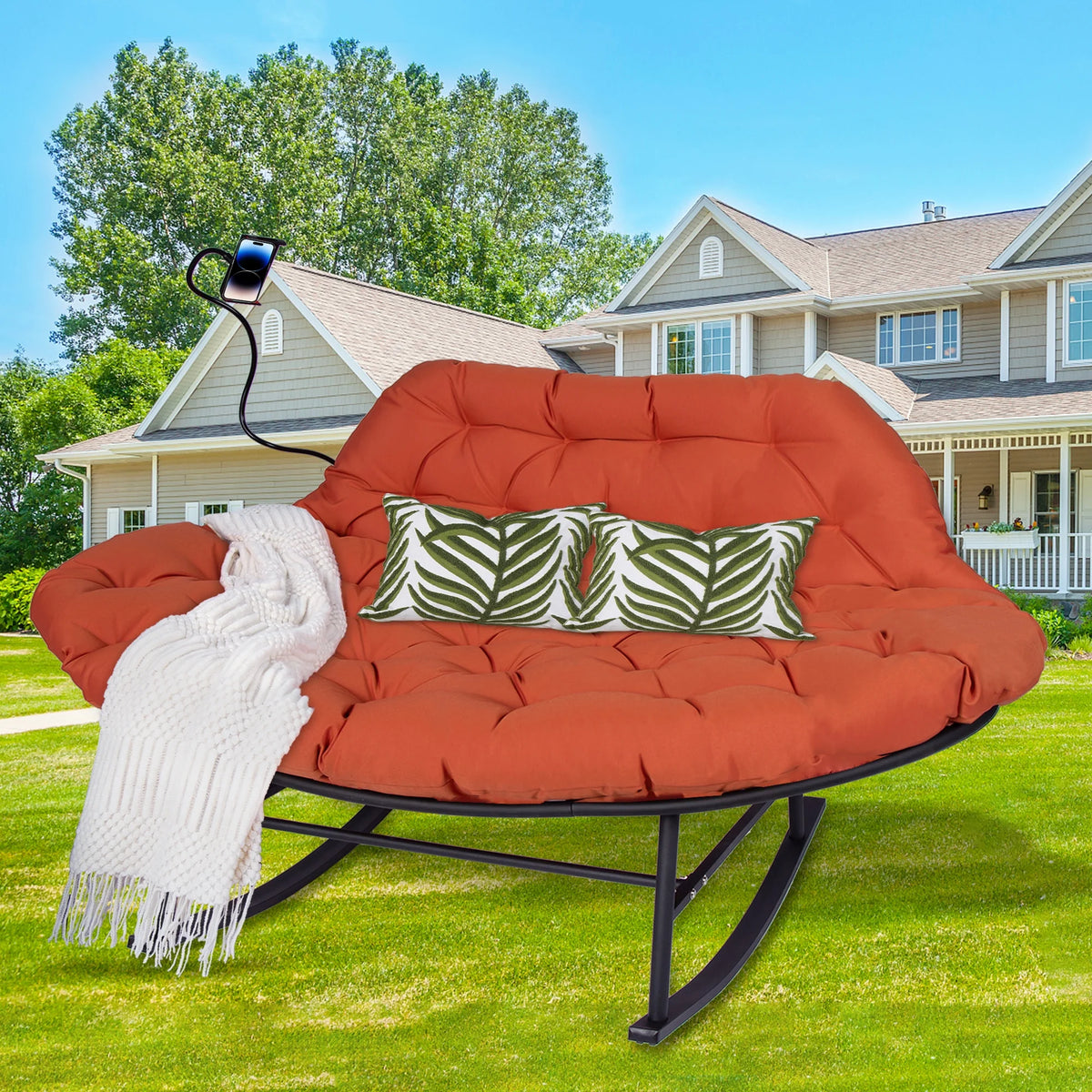 Outdoor Loveseat Rocking Chair with Thicken Cushion and Phone Holder for 2 Person for Garden Patio Yard (Beige)