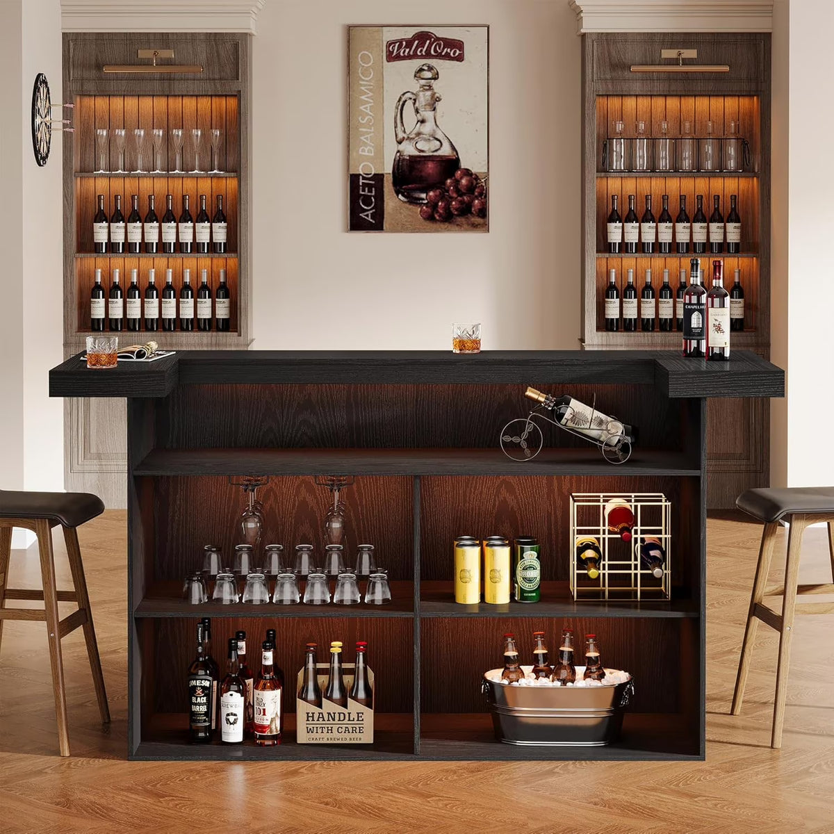 Tribesigns 4-Tier Bar Table, 70.9-Inch Large Home Bar Cabinet with Wine Glass Holder and Black Footrest, for Kitchen, Dining Room, Living Room, Pub, Rustic Brown