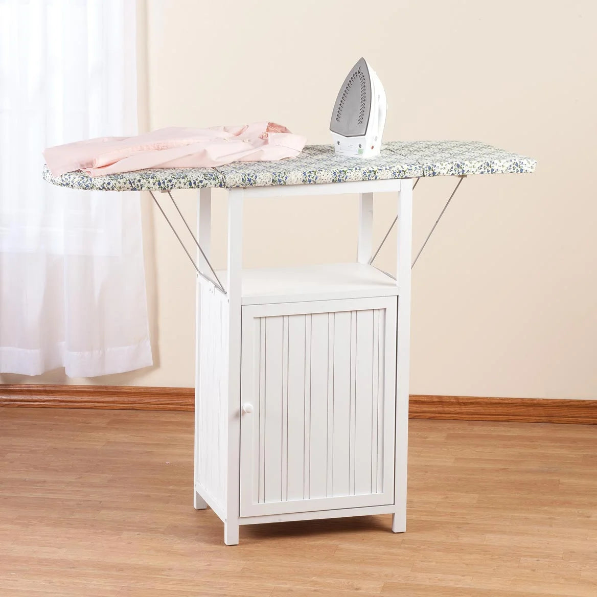 OakRidge Deluxe Ironing Board with Storage Cabinet, Perfect for Small Spaces with Extra Storage, Folding Station, Crafted with 100% Durable Wood, White Design �C Measures 36.5" H x 15.5" W x 23" L