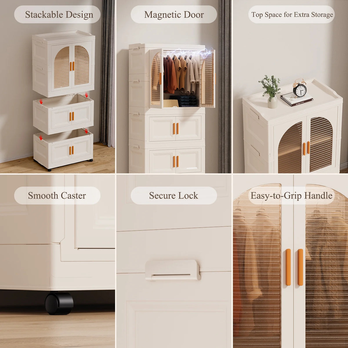 Fitfort Folding Wardrobe Storage Cabinet, 25.6 x 14.6 x 51.2 in, Plastic with Magnetic Door and Wheels, Includes 1 Wardrobe Level, 2 Folding Boxes,10 Hangers and 4 Hooks