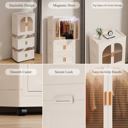 Fitfort Folding Wardrobe Storage Cabinet, 25.6 x 14.6 x 51.2 in, Plastic with Magnetic Door and Wheels, Includes 1 Wardrobe Level, 2 Folding Boxes,10 Hangers and 4 Hooks
