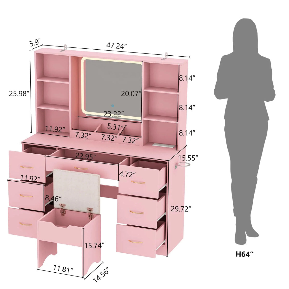 47" Large Vanity Desk with Lighted Mirror & Charging Station, Black Makeup Vanity with 7 Drawers & 6 Shelves, Vanity Set with Cushioned Stool