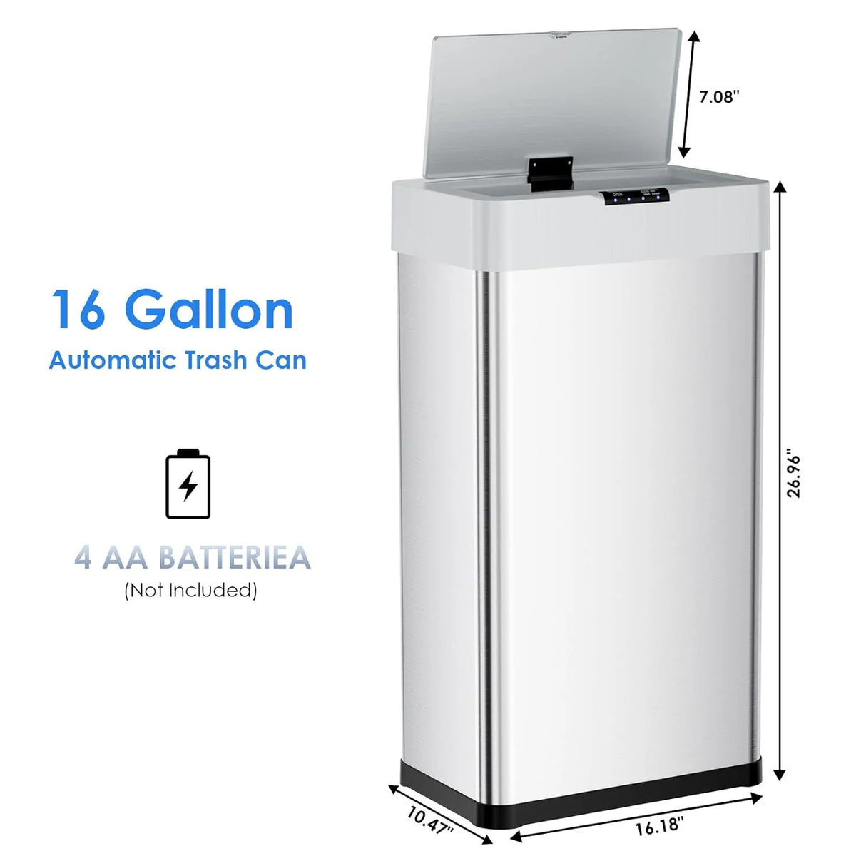 LAZY BUDDY 60 Liter / 16 Gallon Stainless Steel Motion Sensor Trash Can for Kitchen, Bathroom, Rectangular