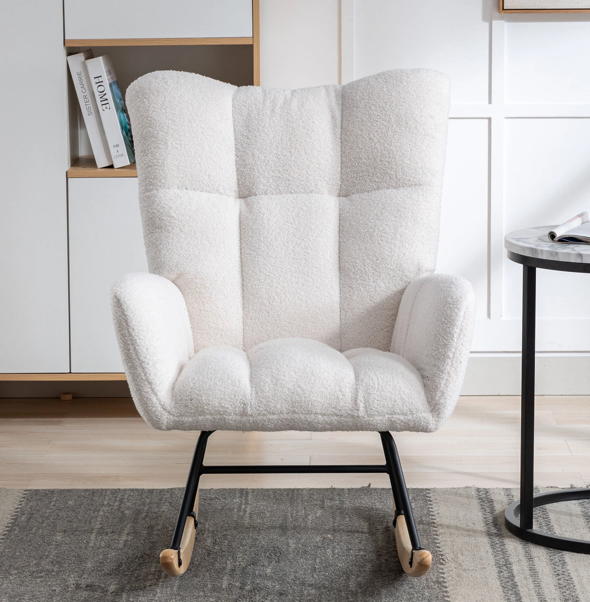Rocking Chair Nursery,Teddy Upholstered Glider Rocker with High Backrest,Modern Rocking Accent Chairs Glider Recliner for Living Room, Nursery, Bedroom,White