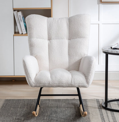 Rocking Chair Nursery,Teddy Upholstered Glider Rocker with High Backrest,Modern Rocking Accent Chairs Glider Recliner for Living Room, Nursery, Bedroom,White