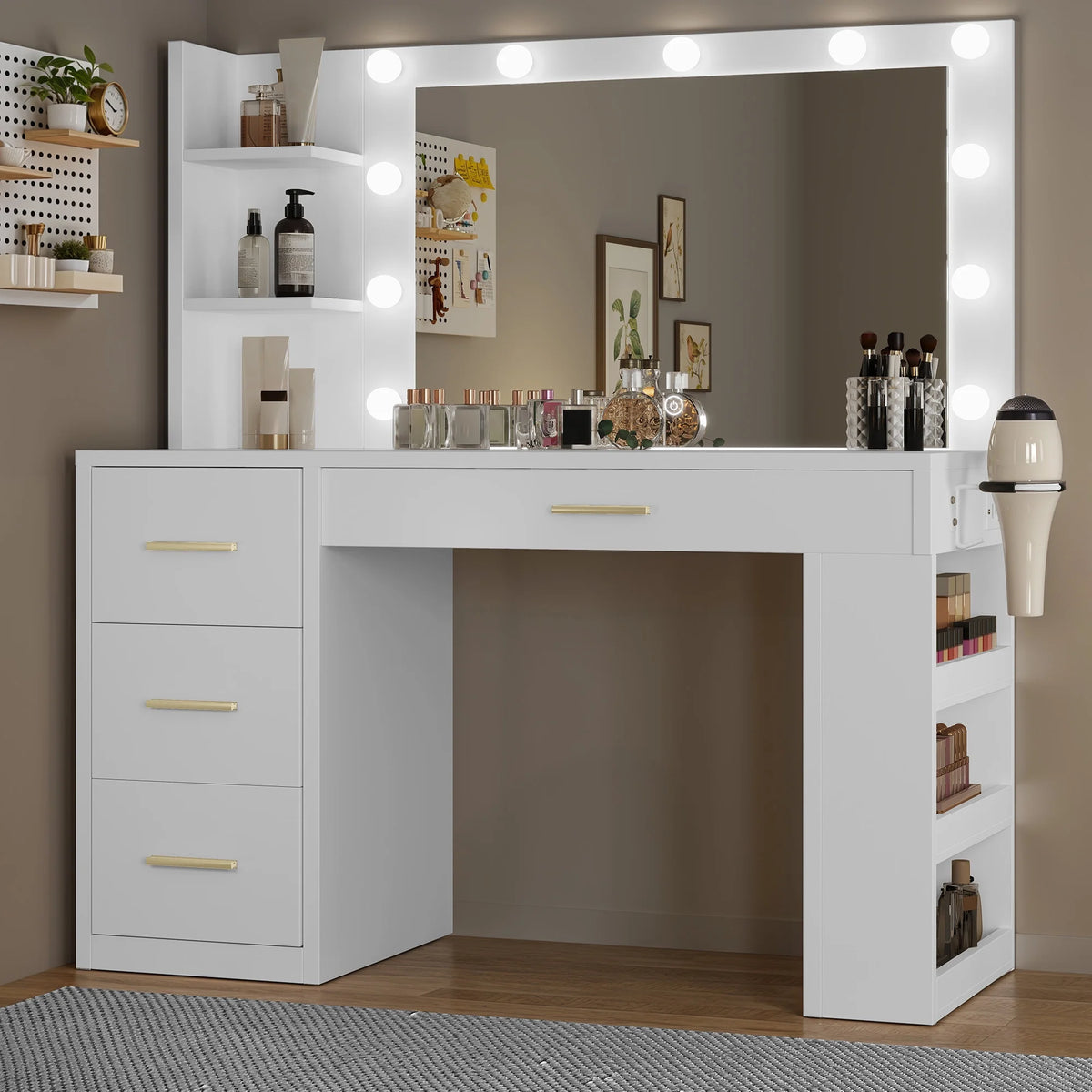 Uforic Makeup Vanity Desk with Mirror & Lights, Vanity Desk with 4 Drawers & Storage Shelves - White