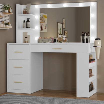 Uforic Makeup Vanity Desk with Mirror & Lights, Vanity Desk with 4 Drawers & Storage Shelves - White