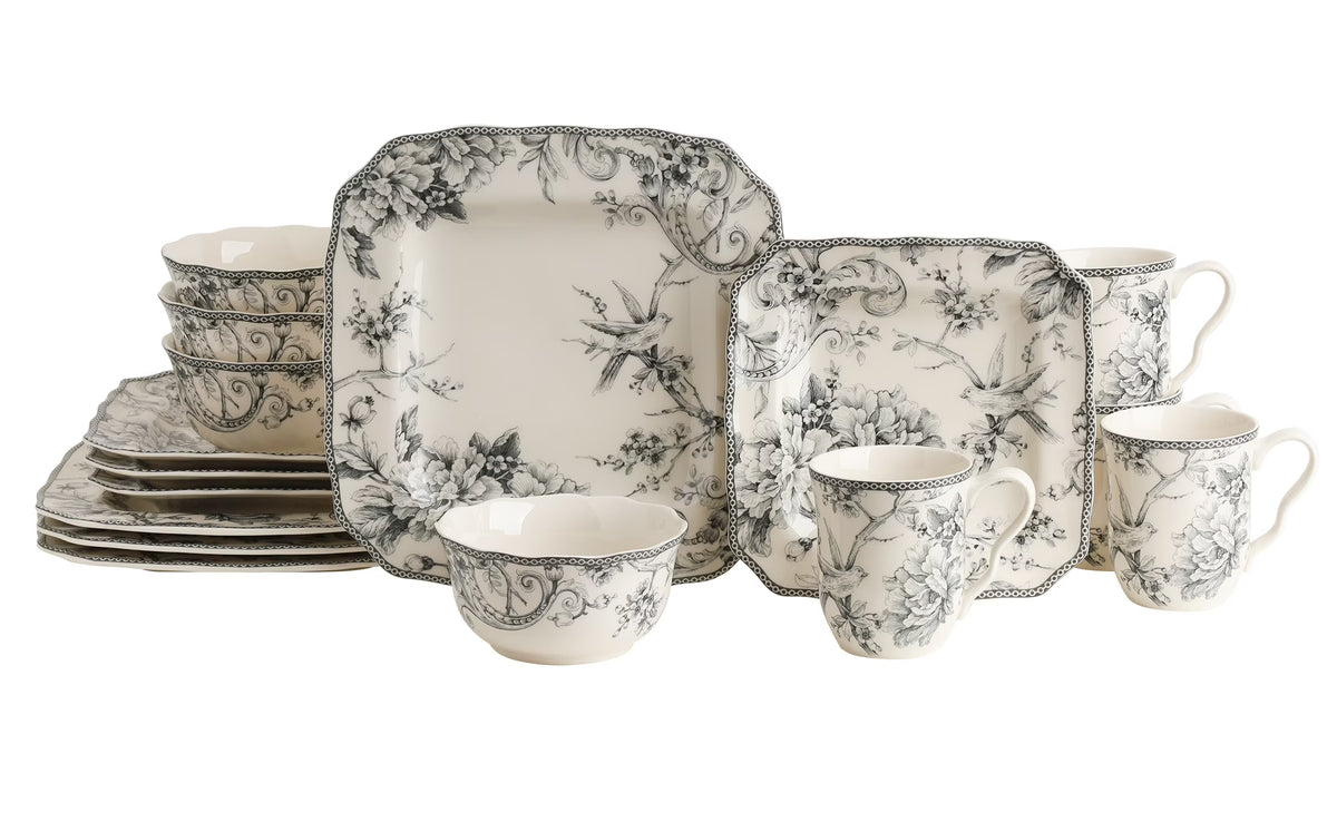 222 Fifth Adelaide Round 16-Piece Porcelain Dinnerware Set, Black Toile