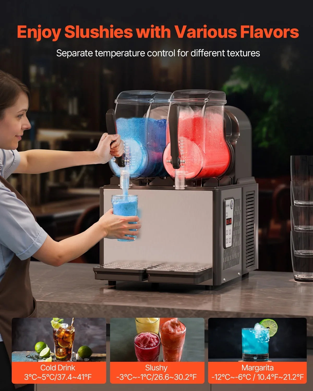 KFFKFF Commercial Slushy Machine, 4L*2 Tank Slushie Machine, Frozen Drink Machine with Temperature Preservation, Slushy Maker Machine