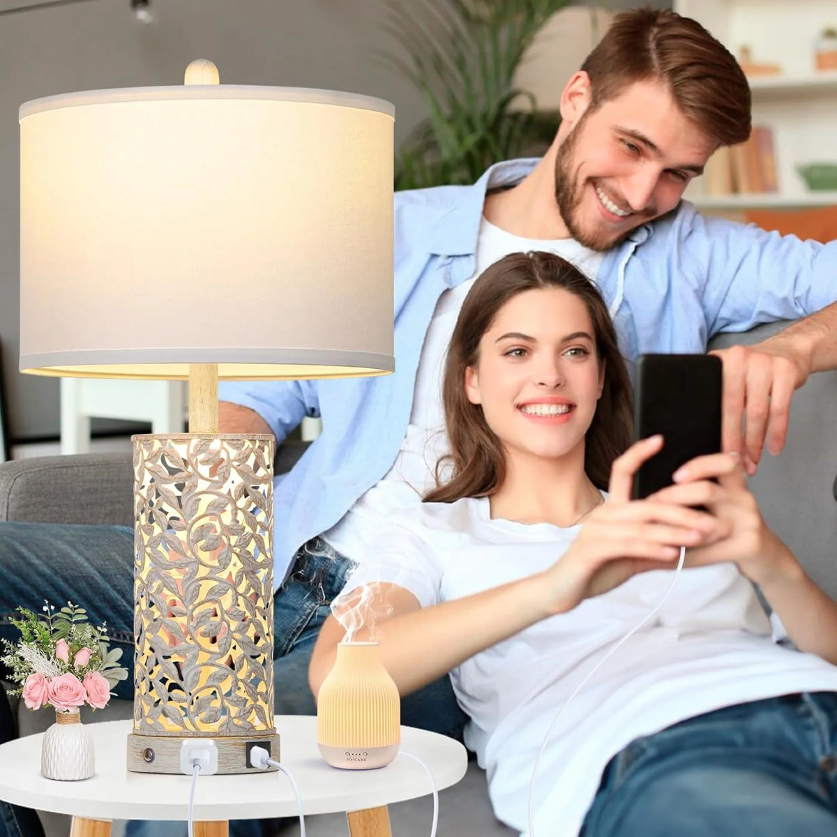 Cinkeda Table Lamp Set of 2 for Living Room Bedroom with USB Ports AC Outlet 3 Way Dimmable Touch Nightlight Farmhouse White Floral Nightstand Bedside Lamps