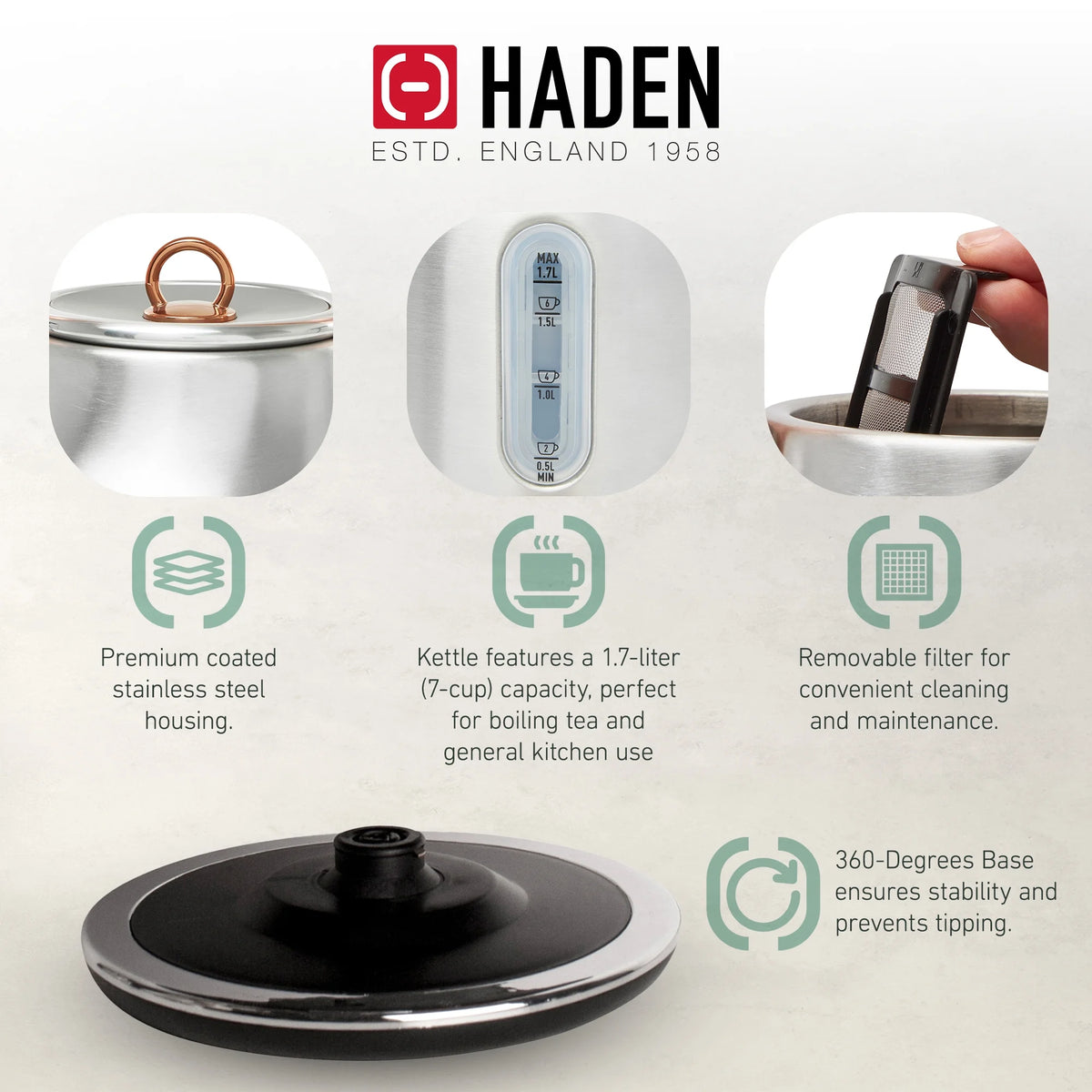 Haden Heritage 1.7 Liter Electric Kettle with 2 Slice Bread Toaster, White