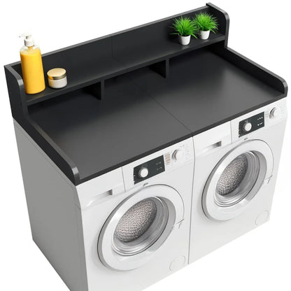 Modern Washer Dryer Countertop with 2-Tier Shelf,Laundry Room Countertop Organization Storage with 2.75" H Guard Edge Rails,Non-Slip Pad,Waterproof and Easy to Clean,54"W x 27.55"D,Natural Wood