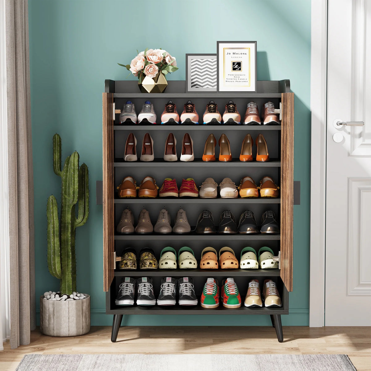 Tribesigns Shoe Cabinet with Doors, 7-Tier Shoe Storage Cabinet with Adjustable Shelves, Wood Grain Shoes Rack Shoe Organizer