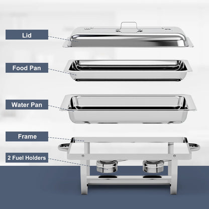 Bluebow 4 Pack Chafing Dishes for Buffet Set, Stainless Steel Catering Chafer, Serving Food Warmer with Lids, Food & Water Pans & Fuel Holders