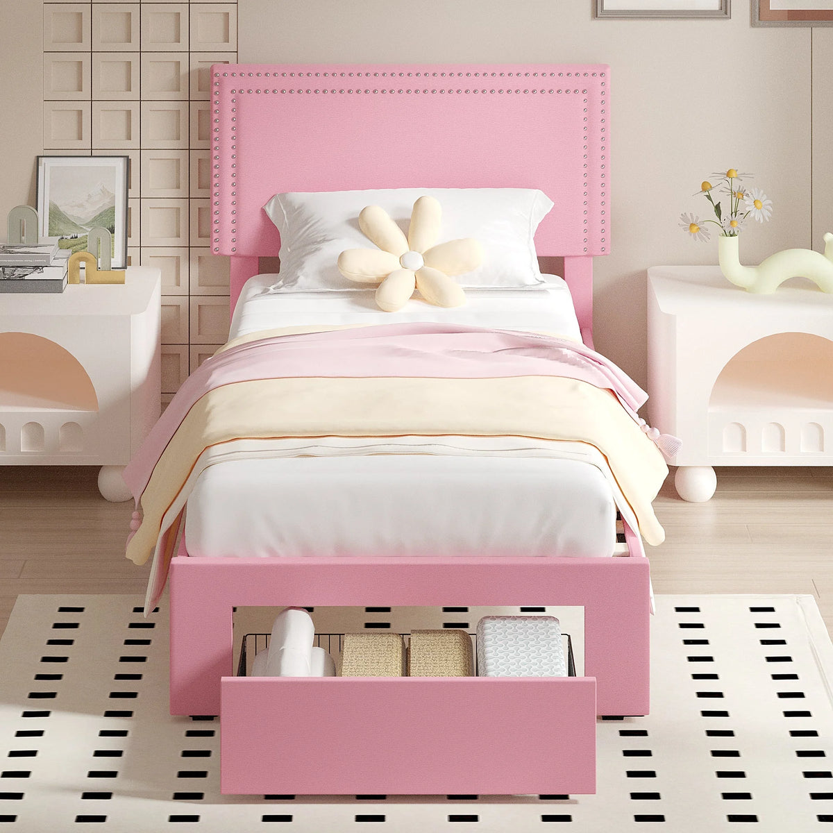 VECELO Full Bed Frame with 4 Storage Drawers (Wheeled) and Tufted Upholstered Adjustable Headboard Platform Bed, Beige